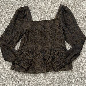 Women’s Nine West Olive Cheetah Print Square Neck Puff Sleeve Blouse